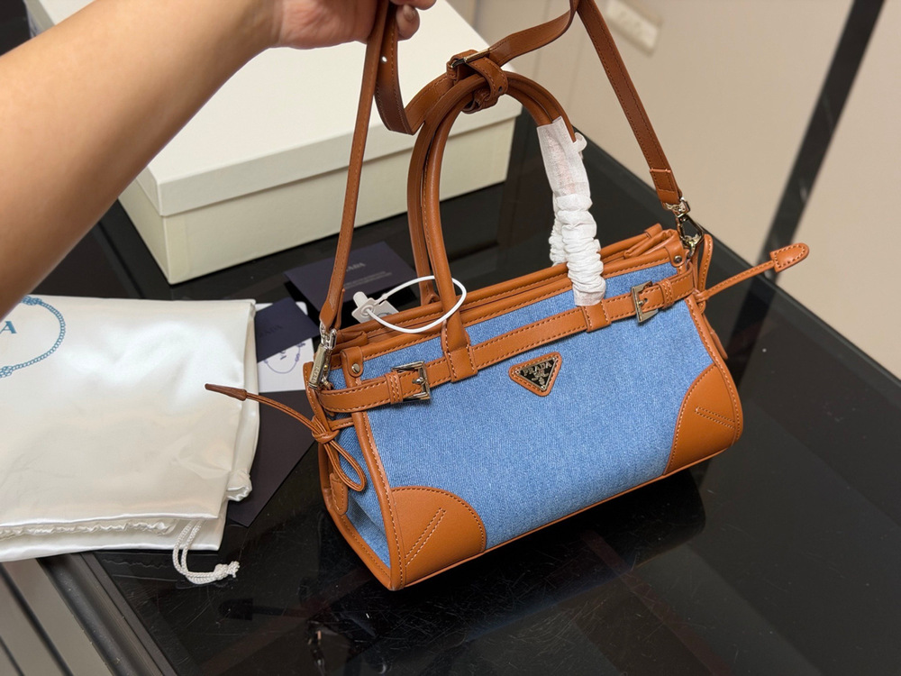 Prada Denim Brown Leather Satchel Top Handle Crossbody Bag Triangle Logo